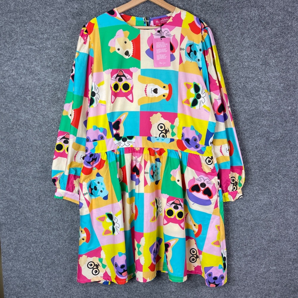 NEW Julyliebe Mini Dress Women 3XL Multicolor Dog Cat Animal Print Long Sleeve